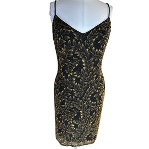 Black Tie Vintage Silk Beaded Leaf Cocktail Dress Gold Black Size 12 Formal Luxe